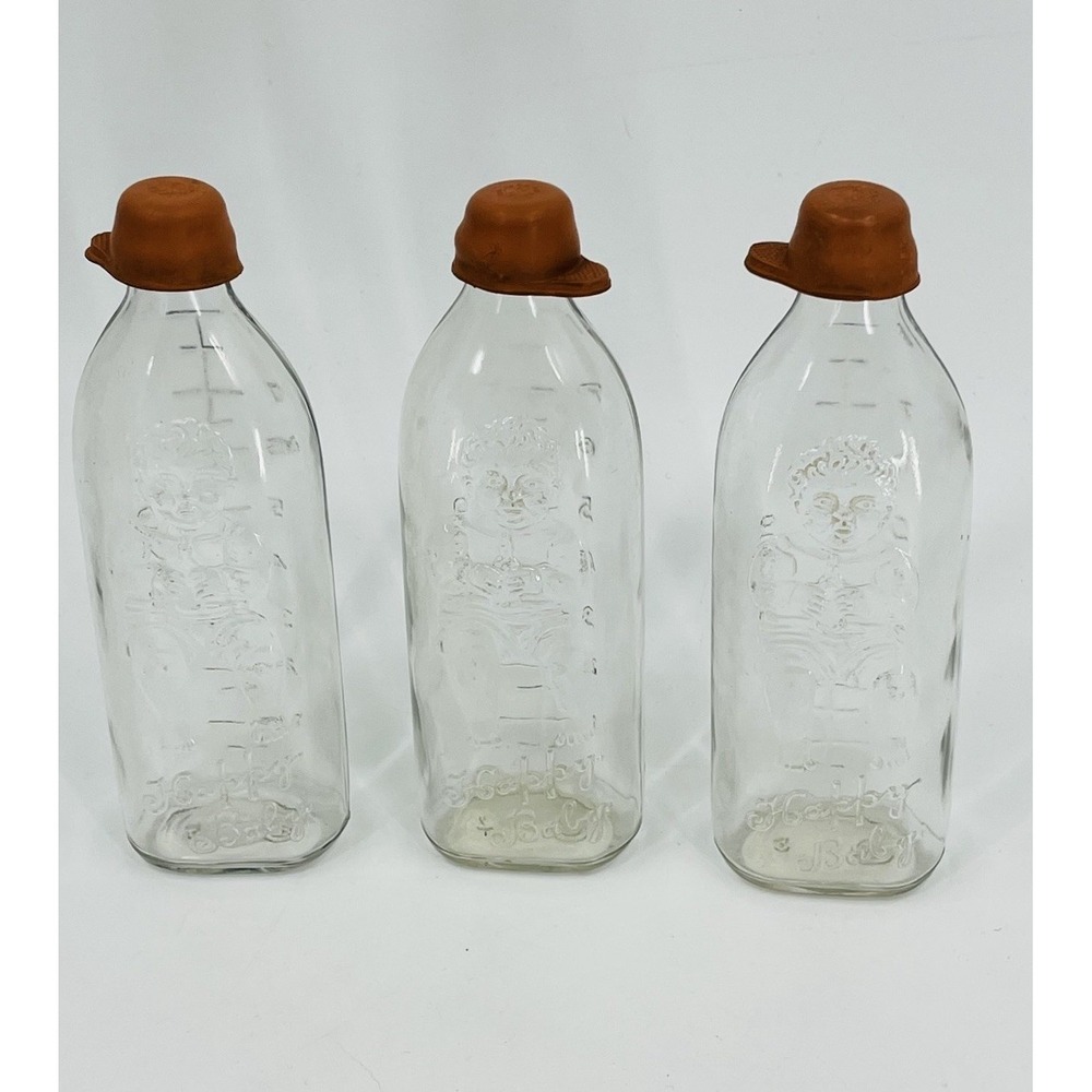 Vintage Glass Happy Baby Bottles Set of 3 Rubber Tops 8 Ounce Embossed